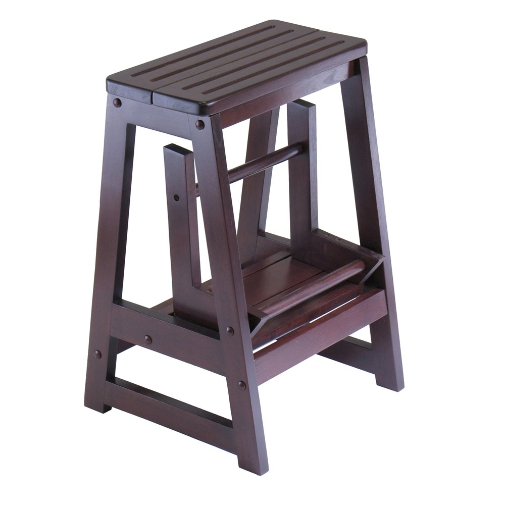Solid Wood Two-Step Stool, Foldable Lower Step, Sturdy, Brown