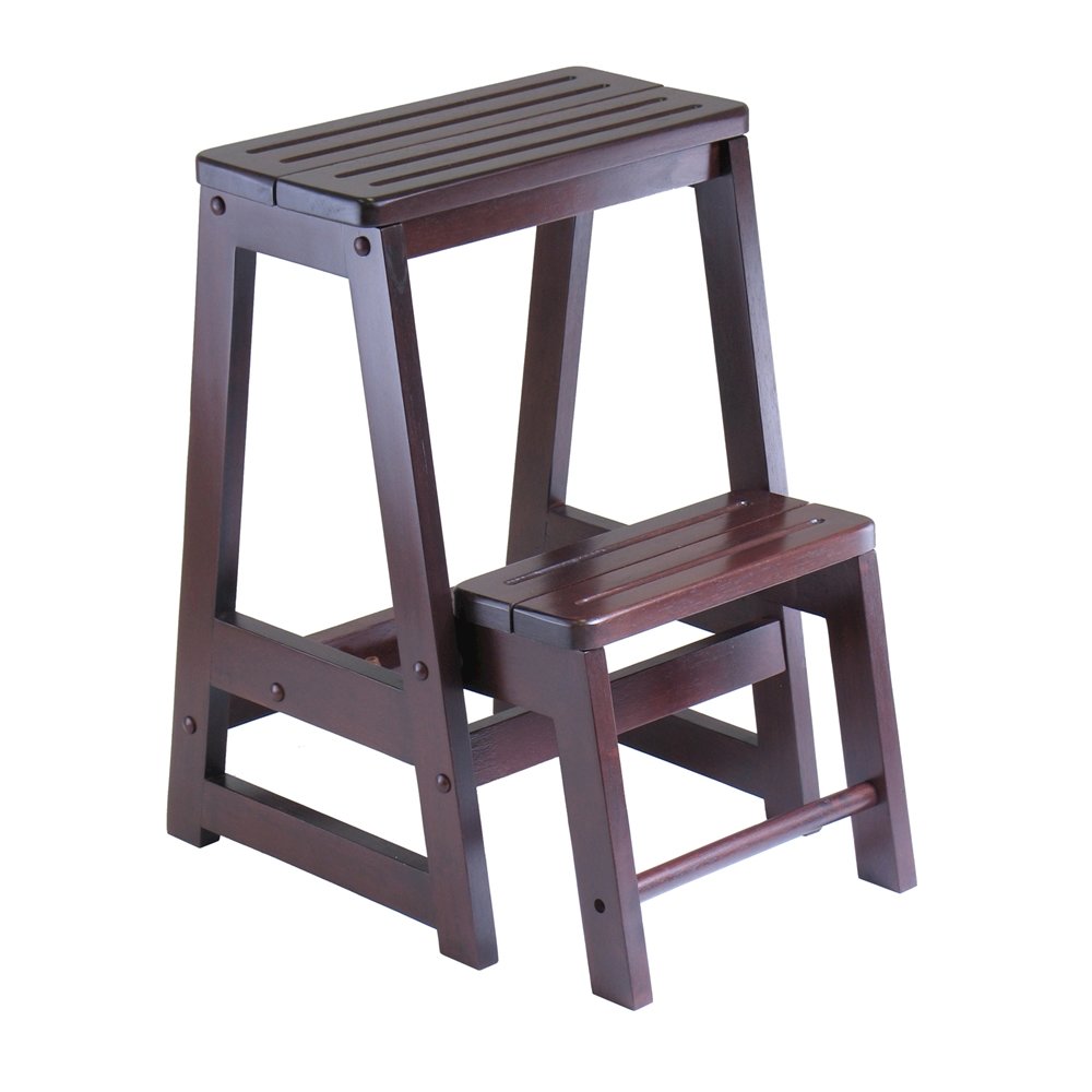 Solid Wood Two-Step Stool, Foldable Lower Step, Sturdy, Brown