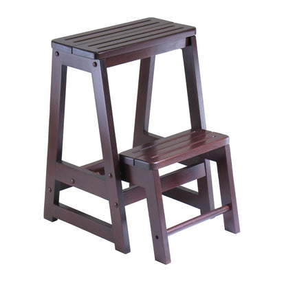 Solid Wood Two-Step Stool, Foldable Lower Step, Sturdy, Brown