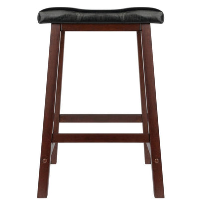 Black Faux Leather Saddle Seat Bar Stool, 24 Inch Counter Height Kitchen Stool