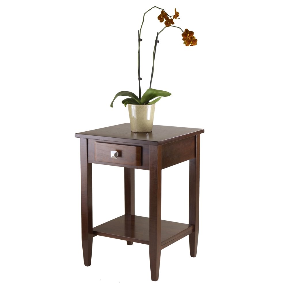 End Table with Drawer, Tapered Legs, Lower Shelf, Walnut
