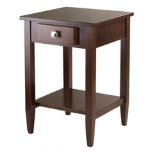 End Table with Drawer, Tapered Legs, Lower Shelf, Walnut
