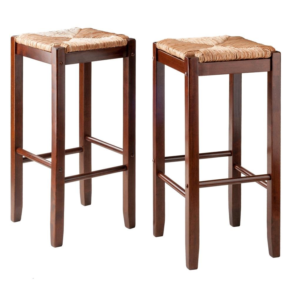 2-Piece Bar Stool Set, Rush Woven Seat, 29 Inch Height, Solid Wood, Brown