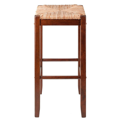 2-Piece Bar Stool Set, Rush Woven Seat, 29 Inch Height, Solid Wood, Brown