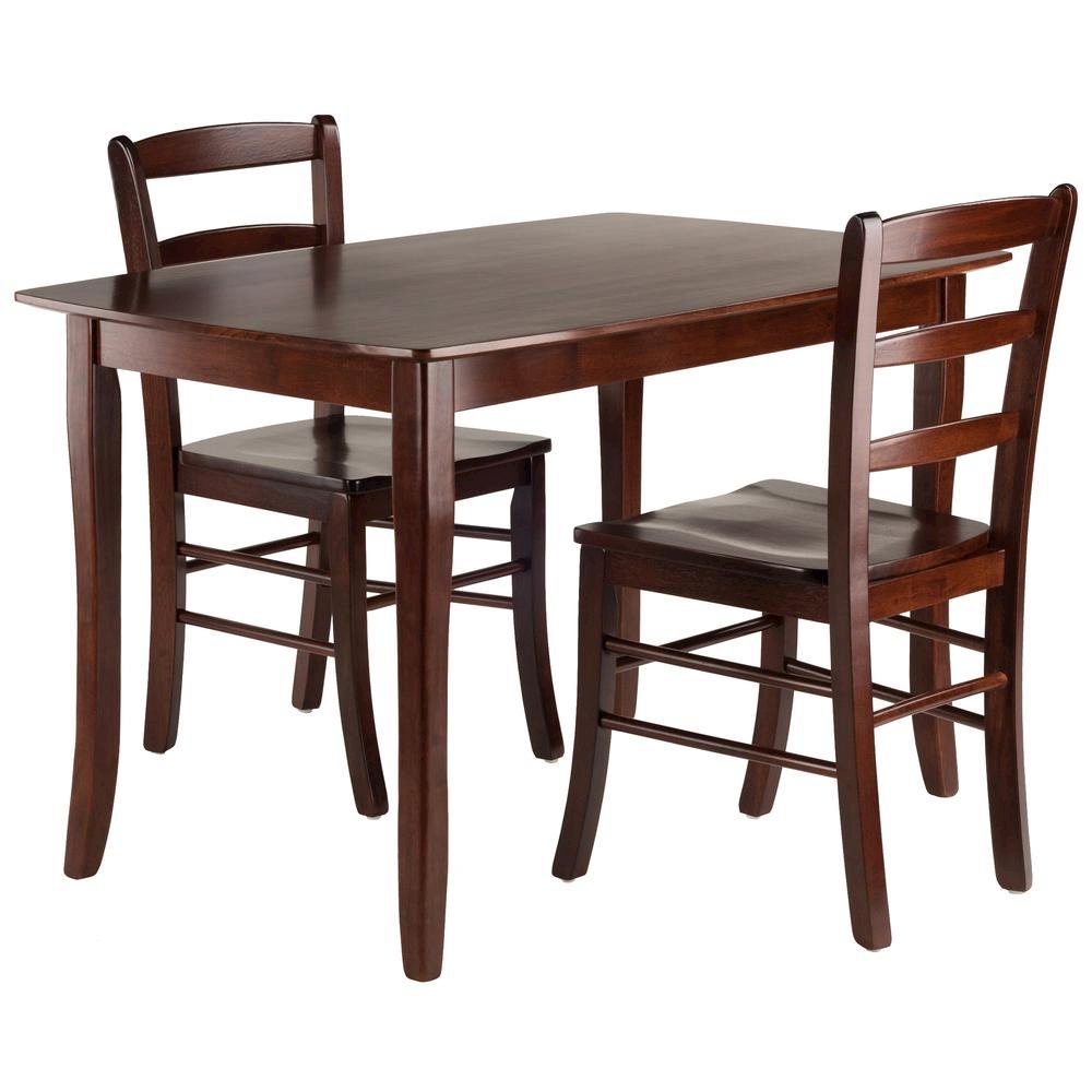 3-Piece Dining Set, Solid Wood Table, Two Ladderback Chairs, Brown Finish