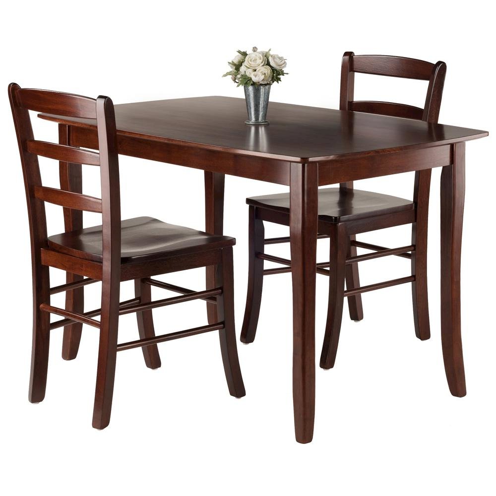 3-Piece Dining Set, Solid Wood Table, Two Ladderback Chairs, Brown Finish