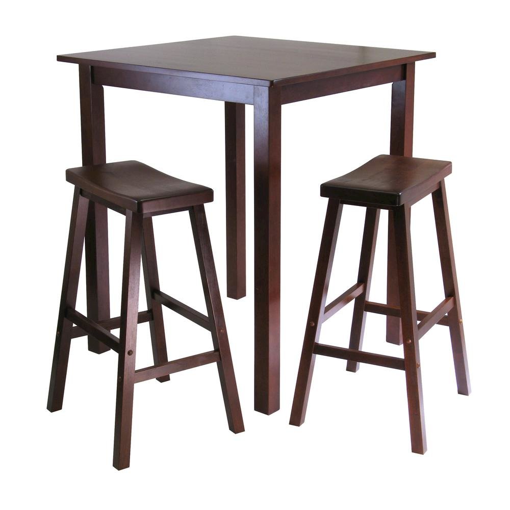 Square Pub Set, 2 Saddle Seat Stools, Solid Wood, Walnut
