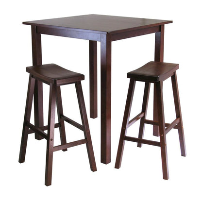 Square Pub Set, 2 Saddle Seat Stools, Solid Wood, Walnut