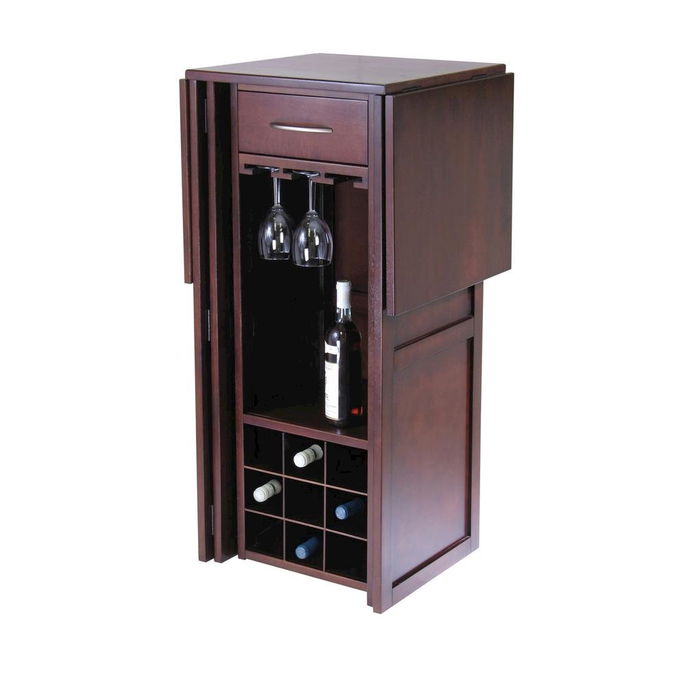 Wine Bar Cabinet, Walnut Finish, Nine Bottle Storage, Glasses Rack, Solid Wood