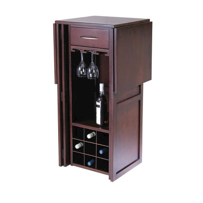 Wine Bar Cabinet, Walnut Finish, Nine Bottle Storage, Glasses Rack, Solid Wood
