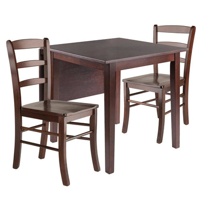 Solid Wood Drop Leaf Dining Table Set For 2 With Chairs In Walnut Finish