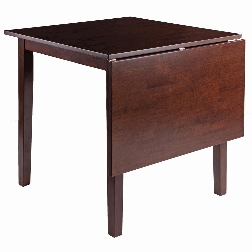 Drop Leaf Dining Table, Walnut Finish, Pull-Out Frame Support, Solid Wood