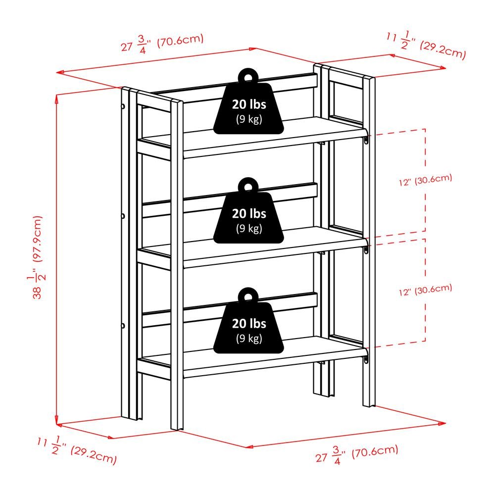 Folding 3-Shelf Bookcase, Solid Wood, Slim Fold Profile, Walnut