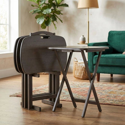 5-PC Folding Tray Table Set, Oyster Gray Solid Wood, Easy Carry