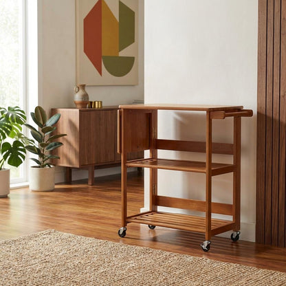 Foldable Kitchen Cart, Brown Solid Wood, Open Utility Cart