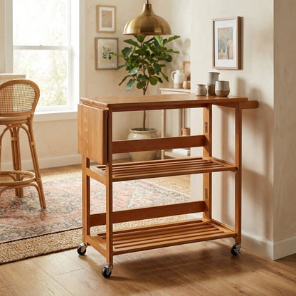 Foldable Kitchen Cart, Brown Solid Wood, Open Utility Cart
