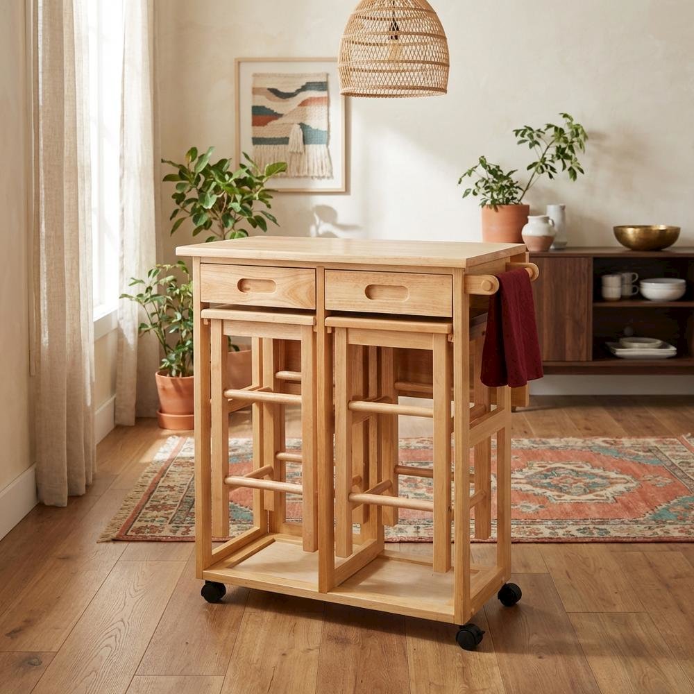 Solid Wood Kitchen Cart Drop Leaf Table With Chairs And Storage Stools
