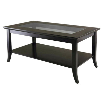 Rectangular Coffee Table, Glass Top Shelf, Solid Wood, Espresso