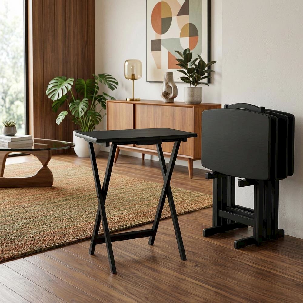 5-PC Folding TV Tray Table Set, Black Tables, Solid Wood Storage Rack