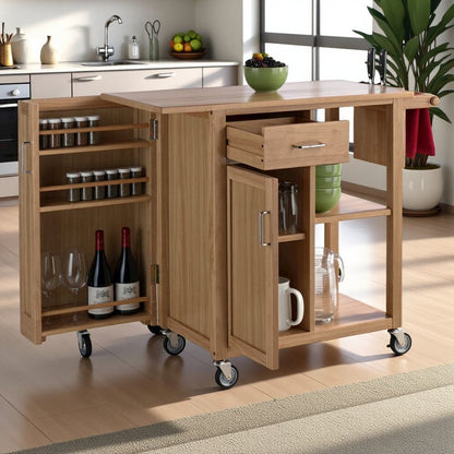 Natural Kitchen Island Cart on Wheels – Rolling Kitchen Island with Storage
