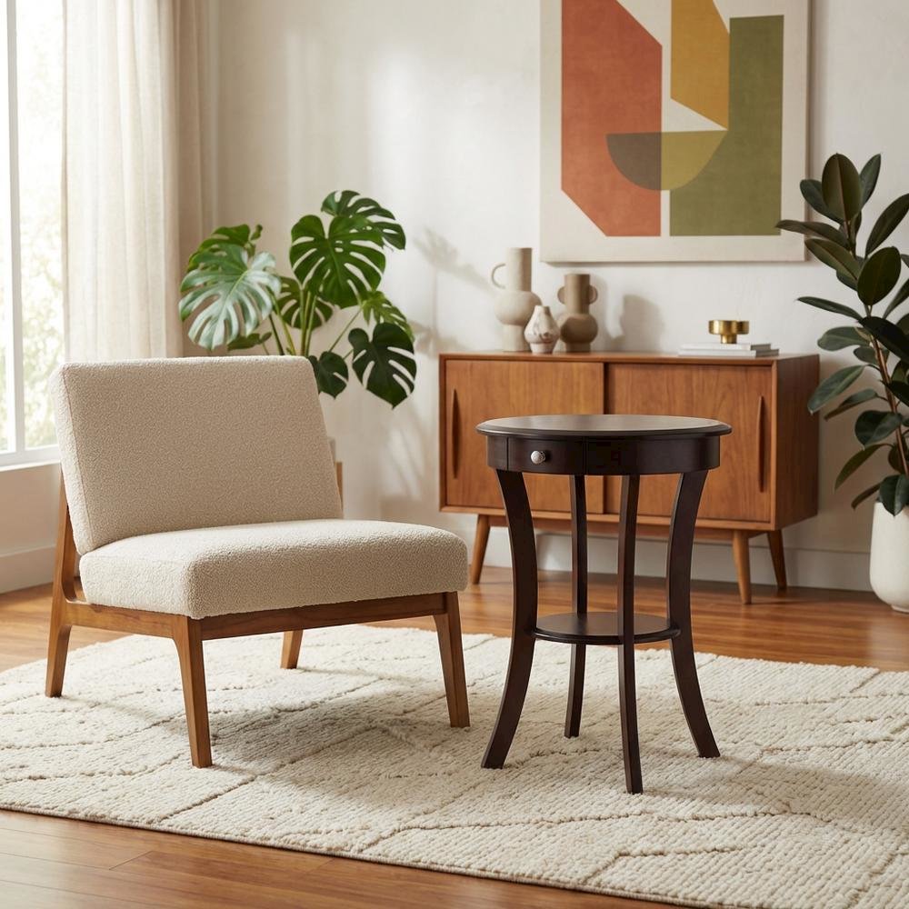 Round Accent Table, Brown, Drawer, Round Shelf, End Table
