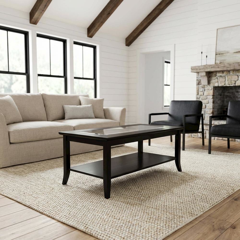 Rectangular Coffee Table, Glass Top Shelf, Solid Wood, Espresso