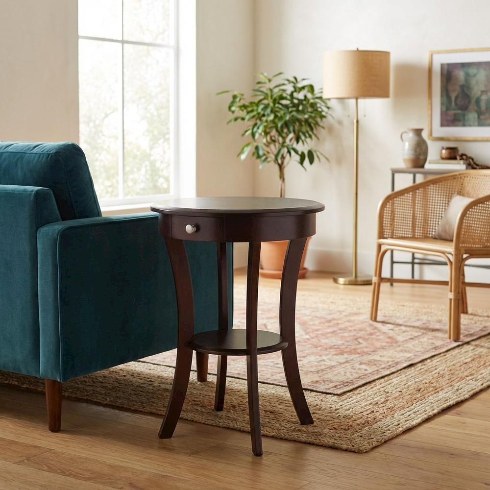 Round Accent Table, Brown, Drawer, Round Shelf, End Table