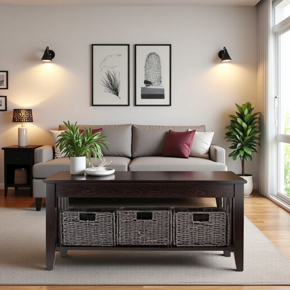Espresso Coffee Table with Storage Baskets – Elegant Living Room Table