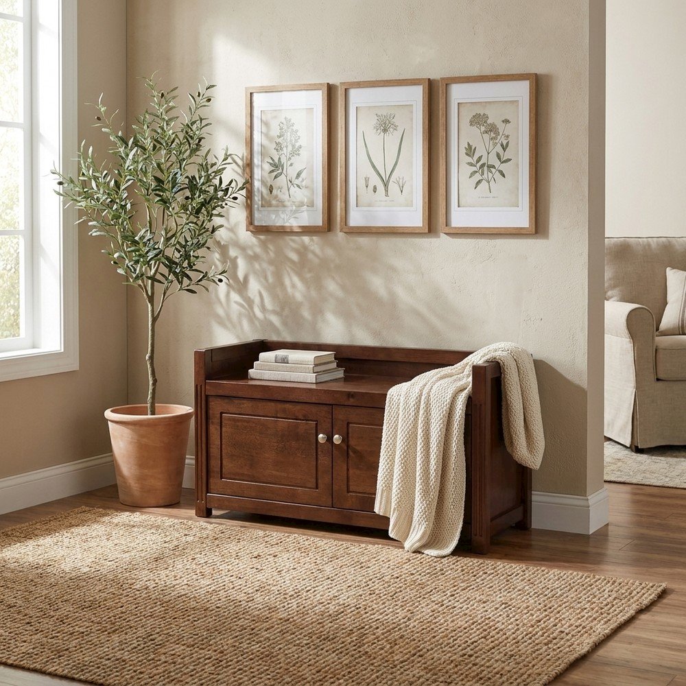 Solid Wood Entryway Bench with Lift-Top Storage for Shoe Rack, Hall Tree, Walnut