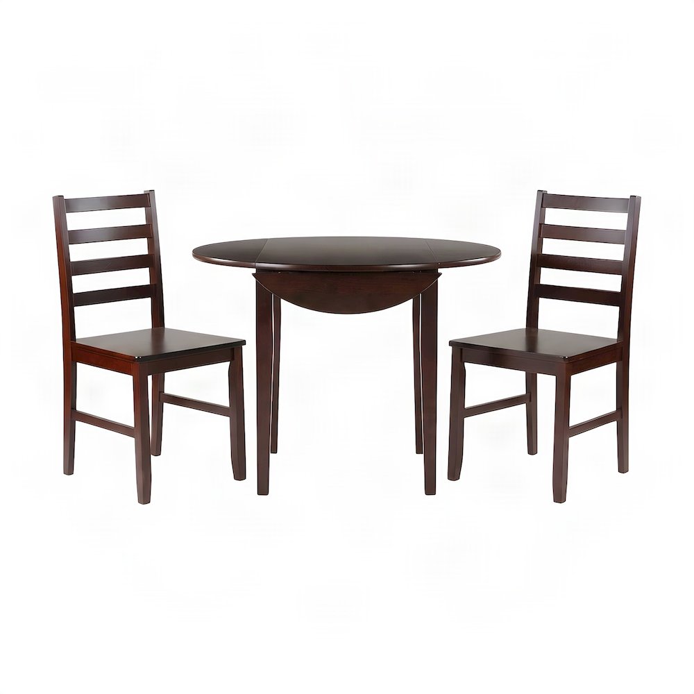 Solid Wood Small Dining Table Set with Drop Leaf and Ladderback Chairs, Walnut