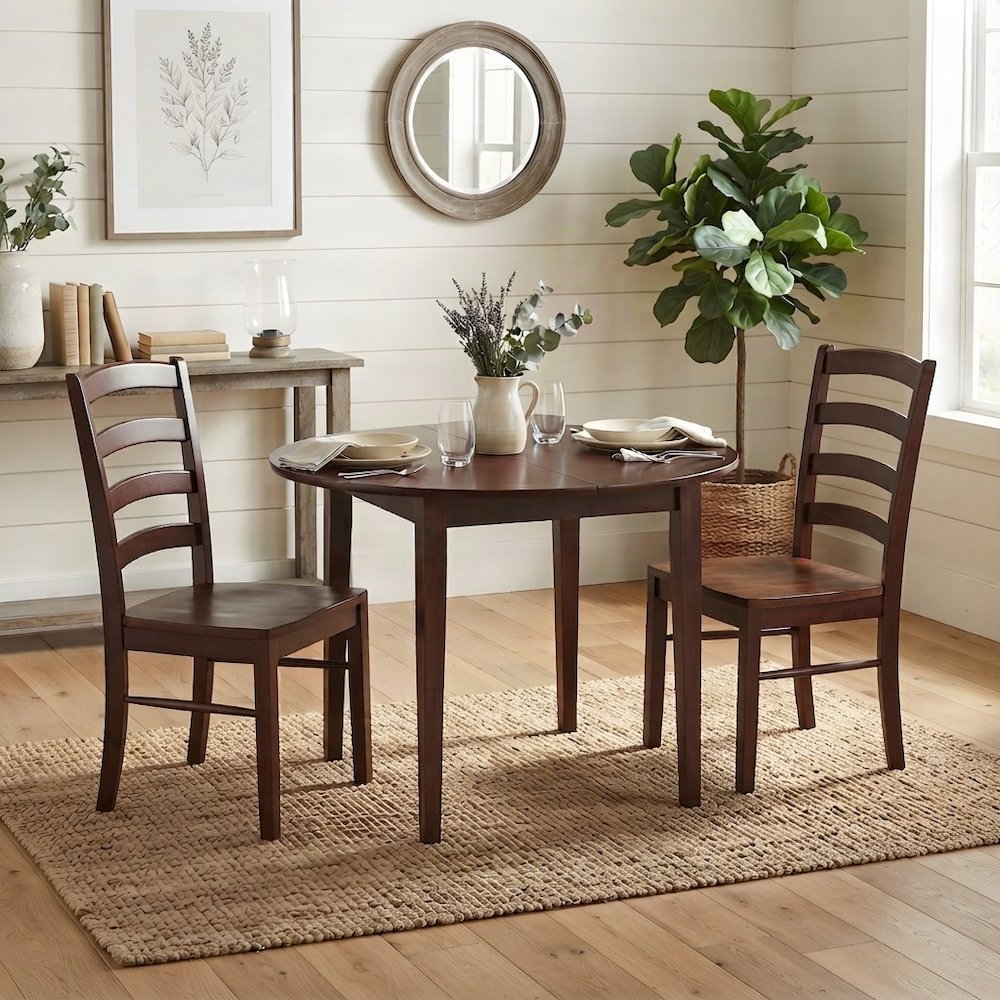 Solid Wood Small Dining Table Set with Drop Leaf and Ladderback Chairs, Walnut