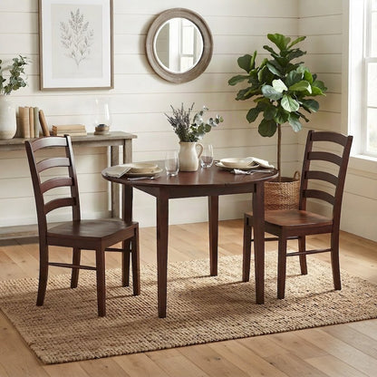 Solid Wood Small Dining Table Set with Drop Leaf and Ladderback Chairs, Walnut