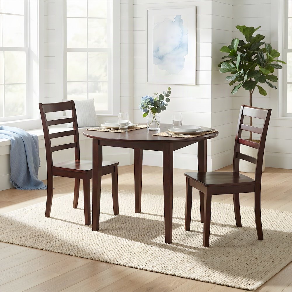 Solid Wood Small Dining Table Set with Drop Leaf and Ladderback Chairs, Walnut