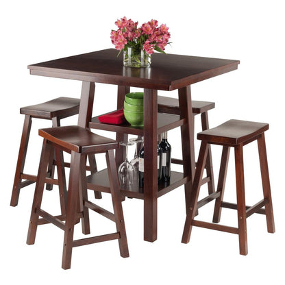 Orlando 5-Pc Set High Table, 2 Shelves w/ 4 Saddle Seat Stools