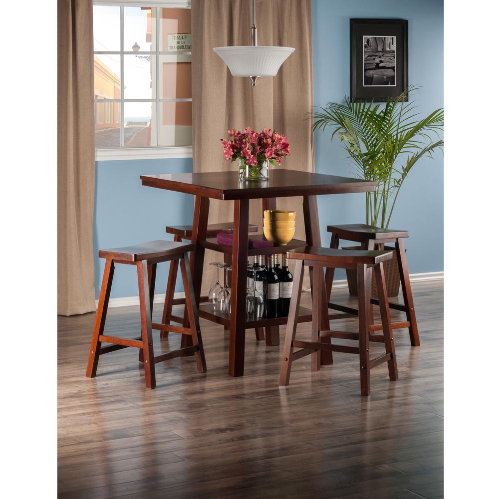 Orlando 5-Pc Set High Table, 2 Shelves w/ 4 Saddle Seat Stools