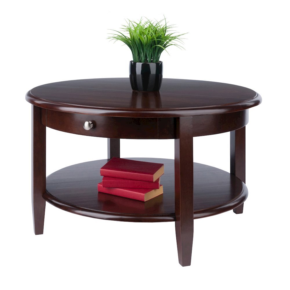 Round Coffee Table with Drawer & Shelf, Walnut Finish
