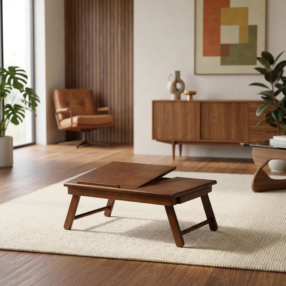 Flip Top Lap Desk, Foldable Legs, Tilting Surface, Storage Drawer, Brown
