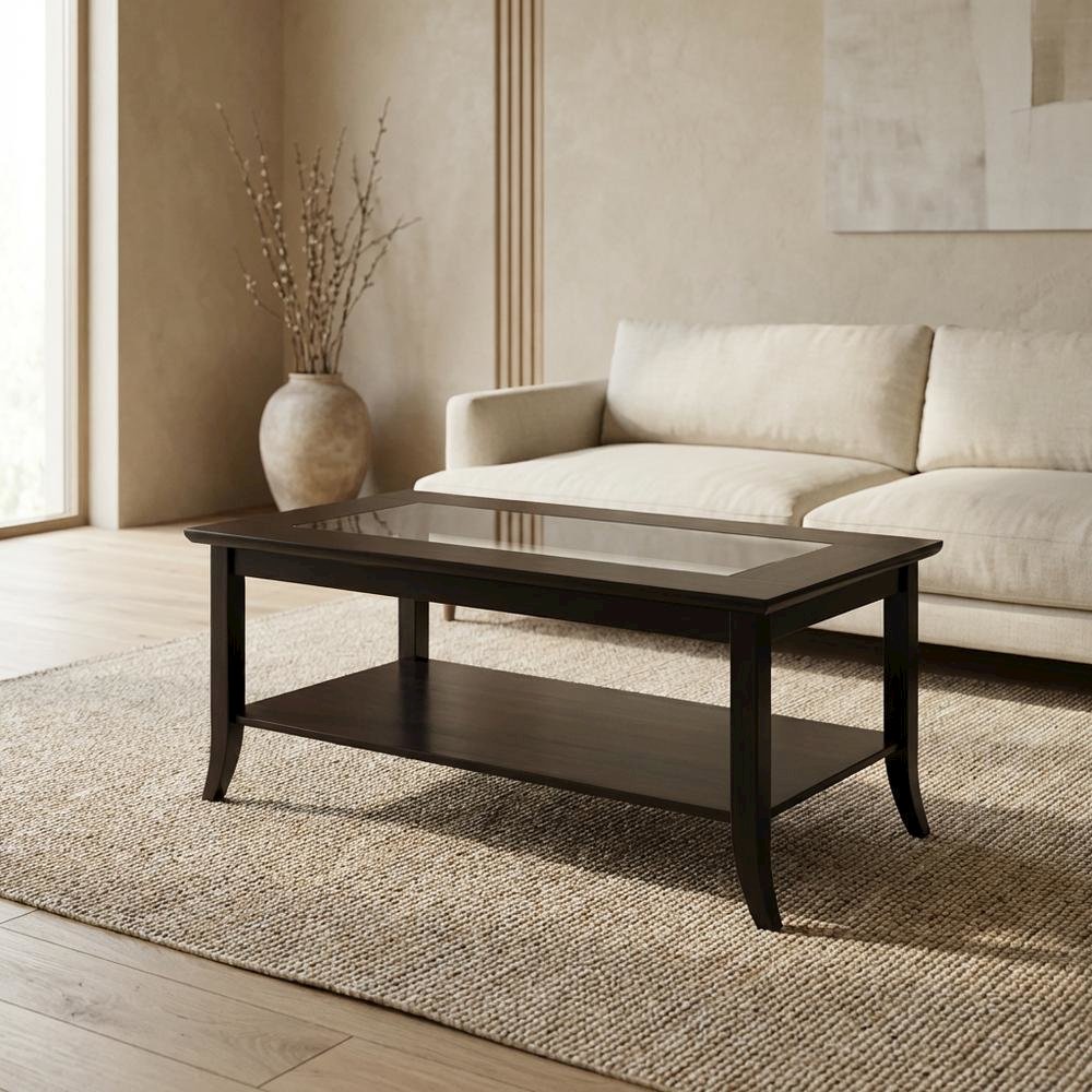 Rectangular Coffee Table, Glass Top Shelf, Solid Wood, Espresso