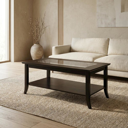 Rectangular Coffee Table, Glass Top Shelf, Solid Wood, Espresso