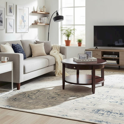 Round Coffee Table with Drawer & Shelf, Walnut Finish