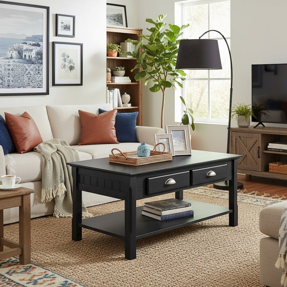 Coffee Table, Two Drawers, Open Shelf, Living Room Center Table