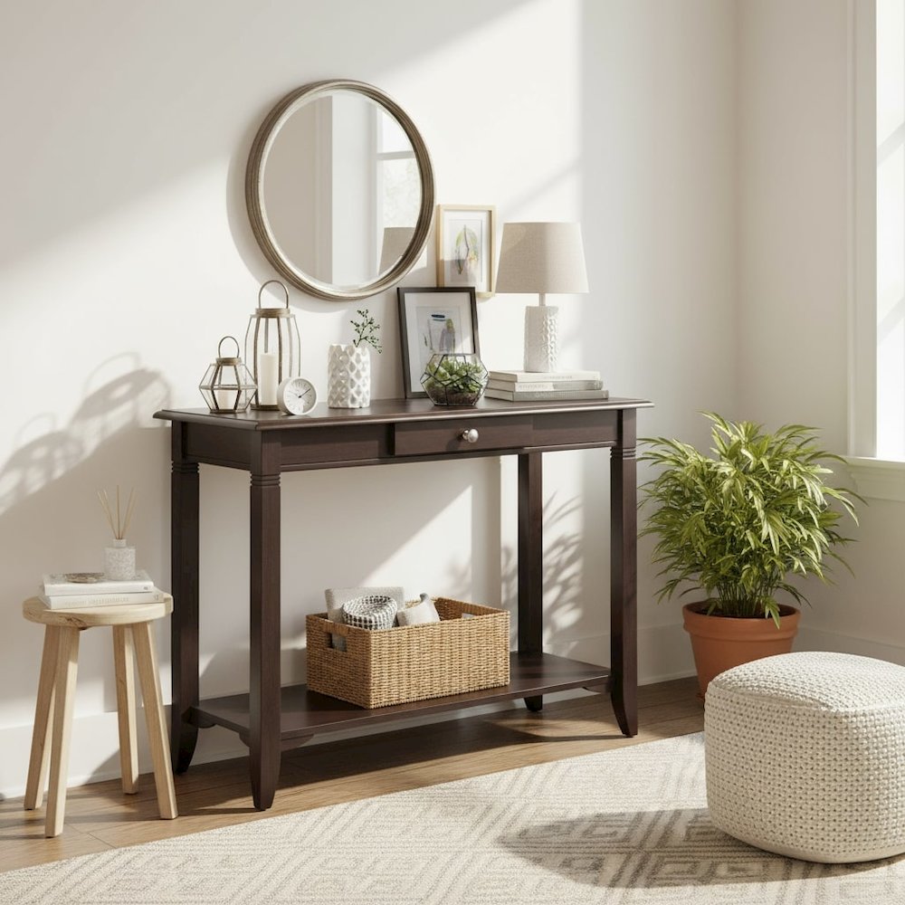 Console Table, Brown Drawer Shelf, Hallway Entryway Table, Solid Wood