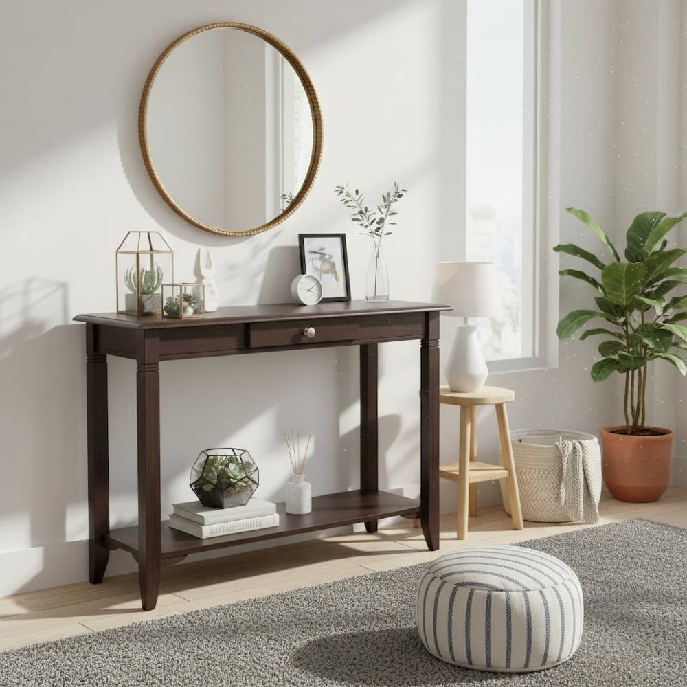 Console Table, Brown Drawer Shelf, Hallway Entryway Table, Solid Wood