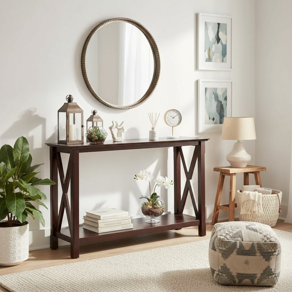 Console Table, Brown Open Shelf, Hallway Entryway Table, Solid Wood