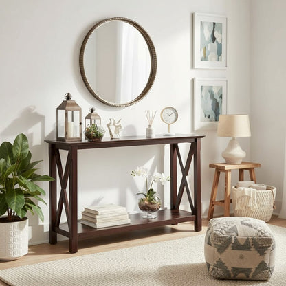 Console Table, Brown Open Shelf, Hallway Entryway Table, Solid Wood