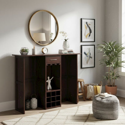 Wine Bar Cabinet, Walnut Finish, Nine Bottle Storage, Glasses Rack, Solid Wood