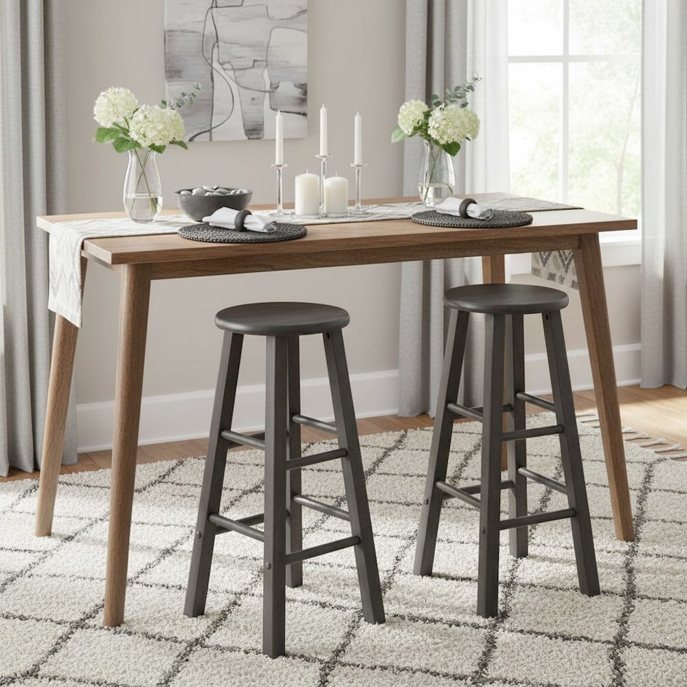 2-PC Bar Stool Set, Solid Wood, Round Seat, Squared Legs, 29 Inch Height