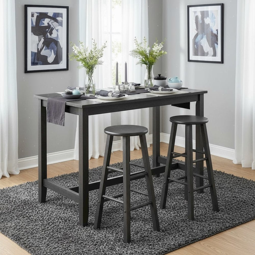 2-PC Bar Stool Set, Solid Wood, Round Seat, Squared Legs, 29 Inch Height