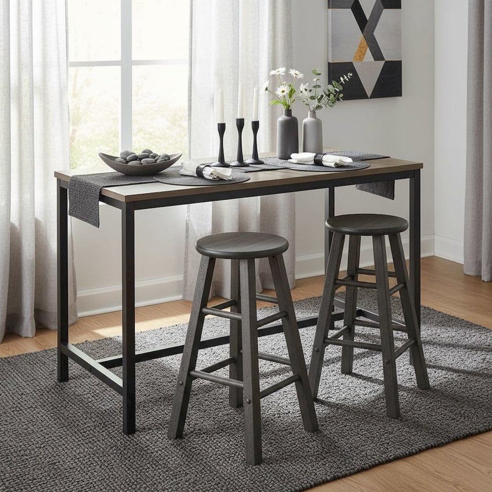 2-PC Counter Stool Set, Solid Wood, Round Seat, Squared Legs, 24 Inch Height