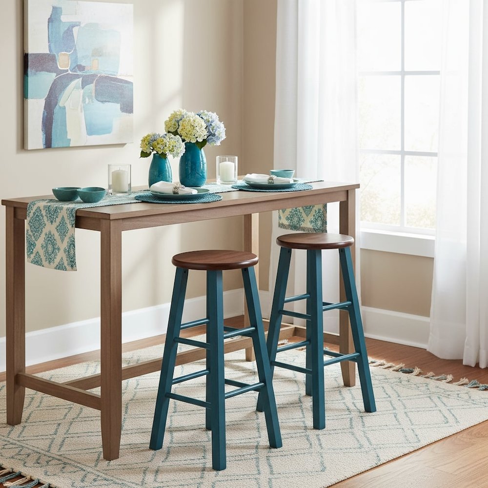 29" Rustic Teal Bar Stool, Round Solid Wood Seat, Fully Assembled